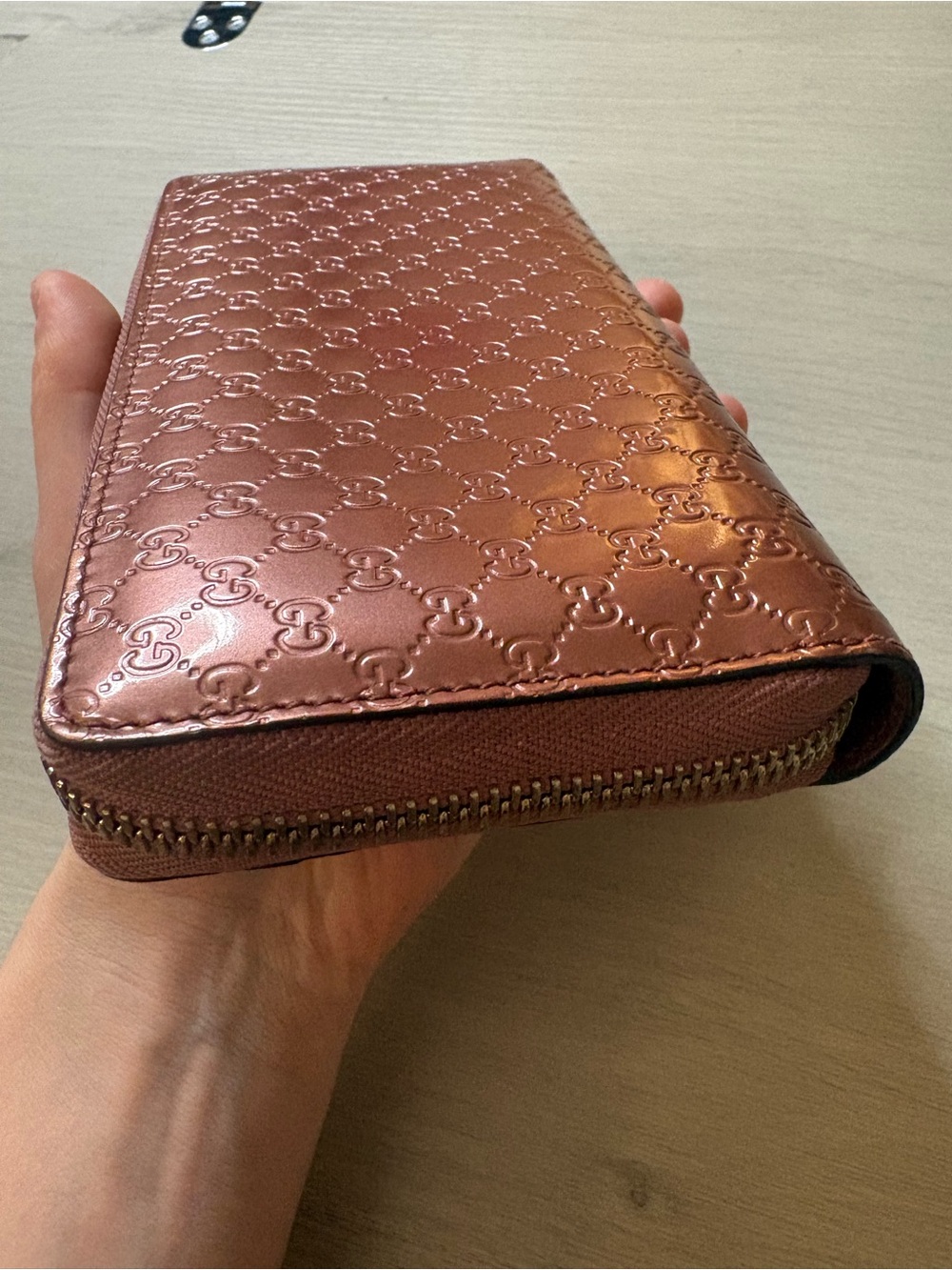 Gucci Metallic Rose-Brown Embossed Monogram Zip Wallet - Picture 7 of 9